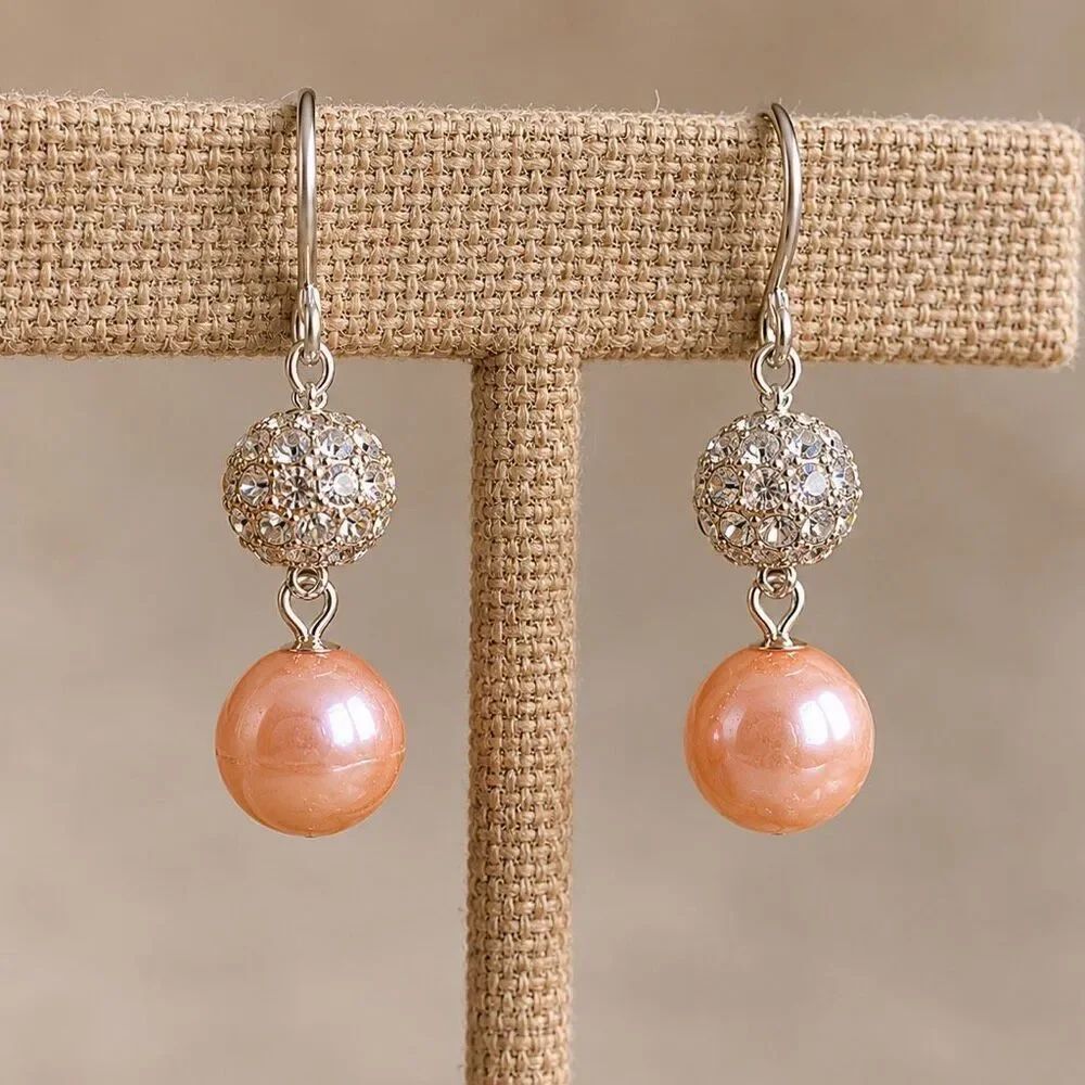 Sunset Peach Faux Pearl Drop Earrings, Pavé Rhinestone Silver Tone